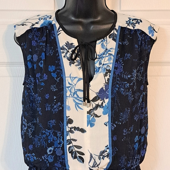 ADRIANNA PAPELL Blue/White/Black Sleeveless Dress - Picture 2 of 8